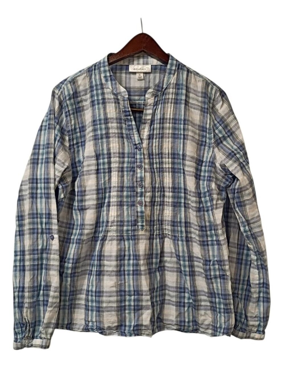 DRESSBARN Plaid Shirt Womens Size XL Cotton Blue Long Sleeve Button Up Western